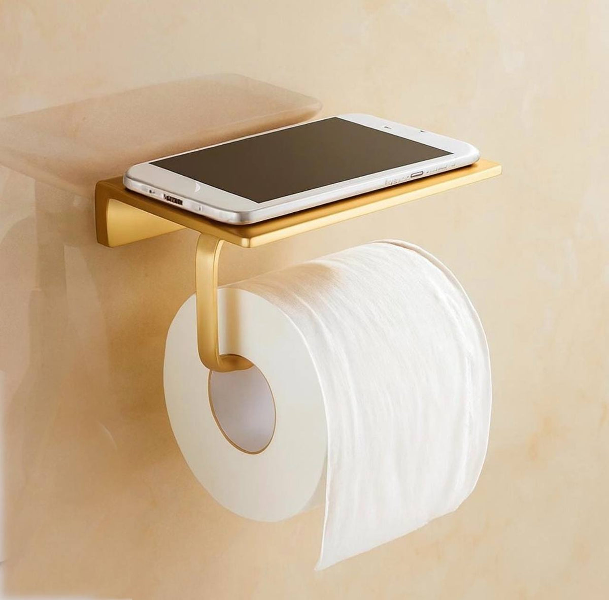 Toilet Paper Holder with Shelf - installed above a bathroom vanity