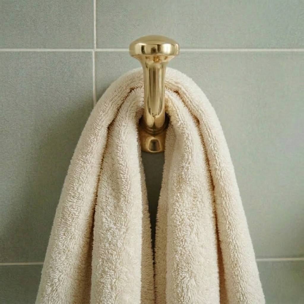 Unlacquered Brass Robe Hook - installed above a bathroom vanity