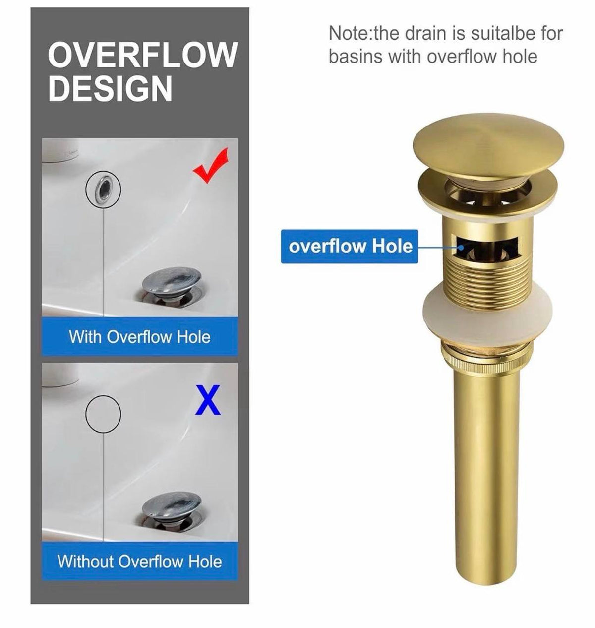 Unlacquered Brass Push-Up Sink Drain – With Overflow
