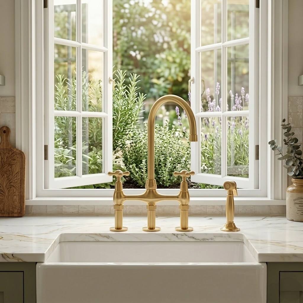Eiffel Bridge Unlacquered Brass Kitchen Faucet with Side Sprayer