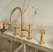 Eiffel Bridge Unlacquered Brass Kitchen Faucet with Side Sprayer