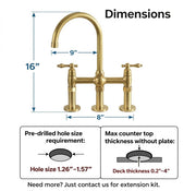 3-Hole Bridge Unlacquered Brass Kitchen Faucet – Cross or Lever Handles