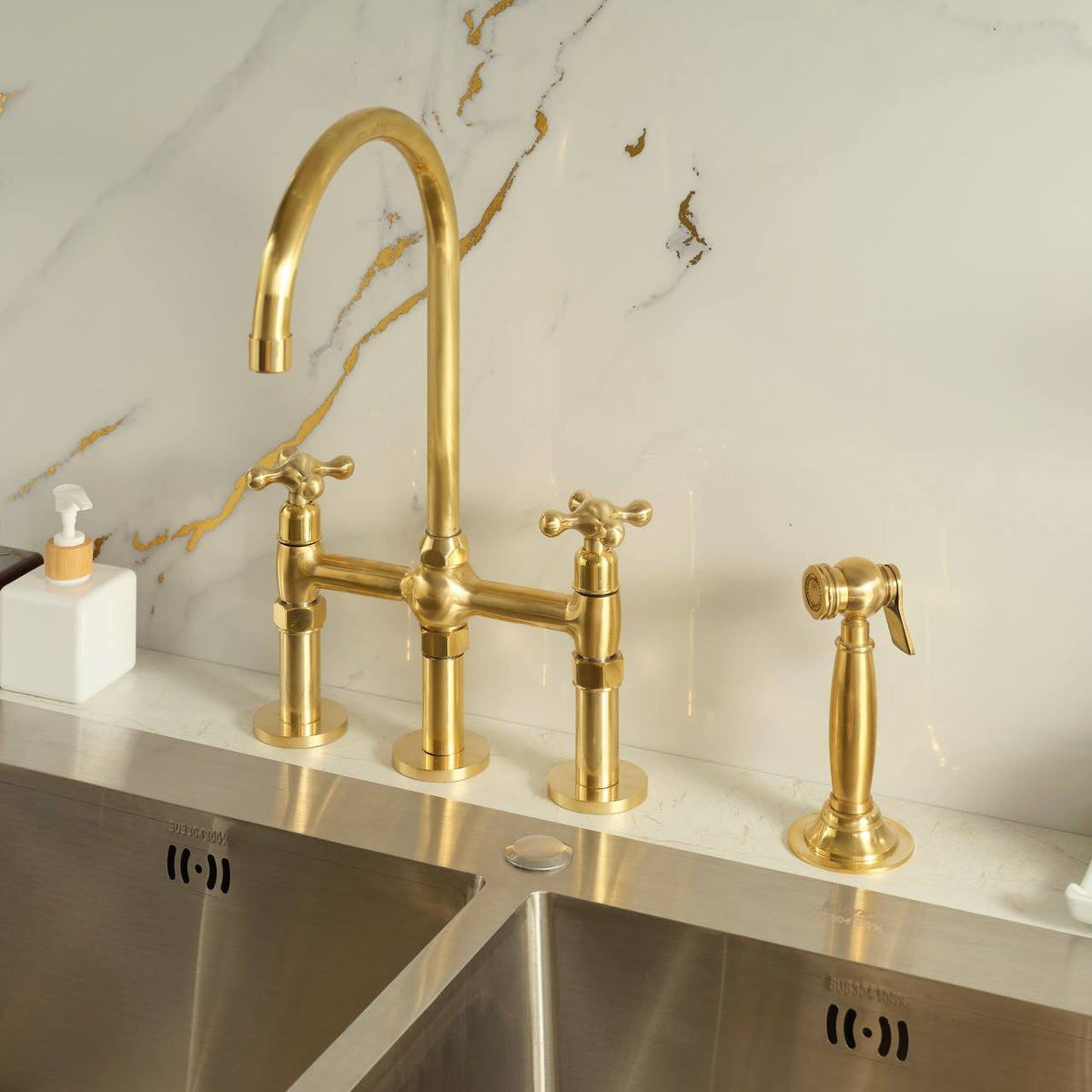 3-Hole Bridge Unlacquered Brass Kitchen Faucet – Cross or Lever Handles