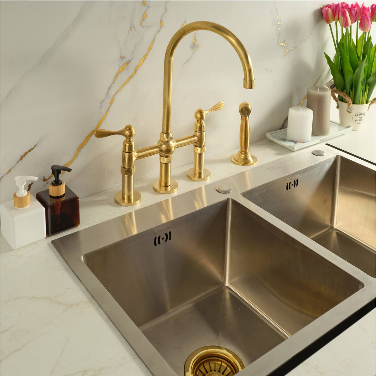 3-Hole Bridge unlacquered brass kitchen faucet – angled view
