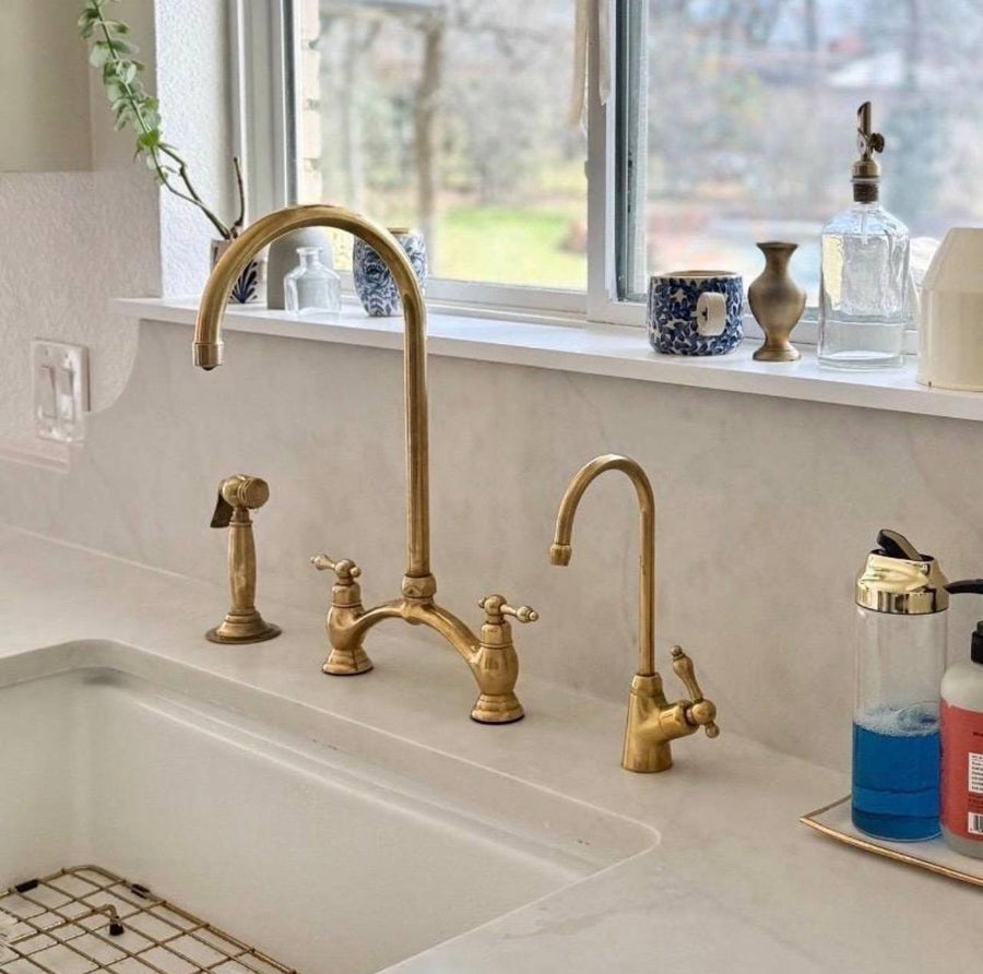Victorian Bridge Unlacquered Brass Kitchen Faucet – Lever Handles, Side Sprayer