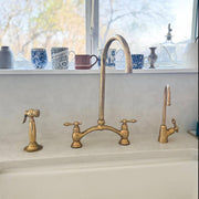 Victorian Bridge Unlacquered Brass Kitchen Faucet – Lever Handles, Side Sprayer