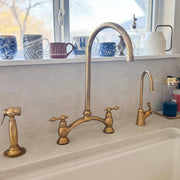 Victorian Bridge Unlacquered Brass Kitchen Faucet – Lever Handles, Side Sprayer