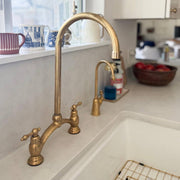 Victorian Bridge Unlacquered Brass Kitchen Faucet – Lever Handles, Side Sprayer