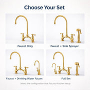 Victorian Bridge Unlacquered Brass Kitchen Faucet – Lever Handles, Side Sprayer
