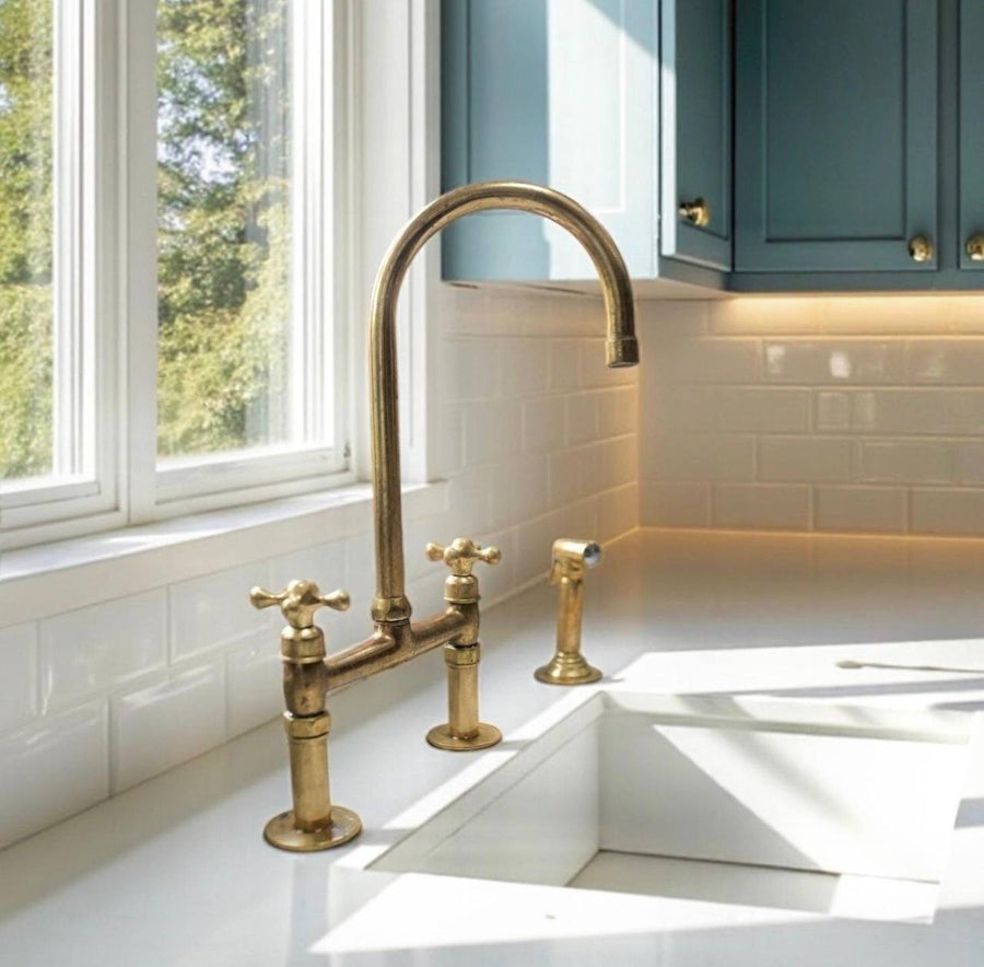 Brooklyn Bridge Unlacquered Brass Kitchen Faucet – Cross Handles