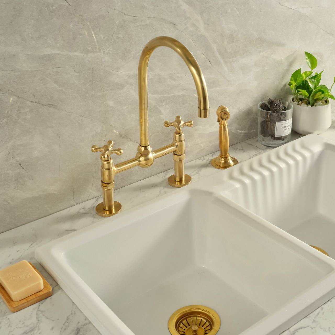Ball Bridge Unlacquered Brass Kitchen Faucet – Cross Handles