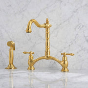 Signature Unlacquered Brass Bridge Kitchen Faucet with Side Sprayer