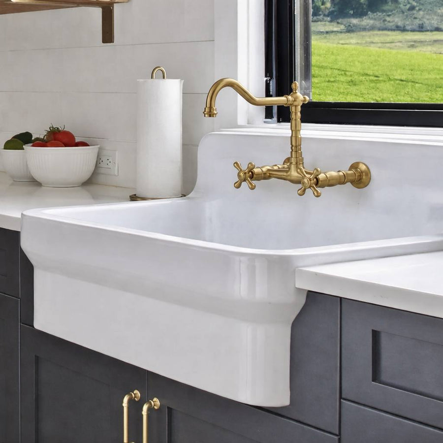 Classic Wall-Mount Unlacquered Brass Kitchen Faucet – Cross Handles