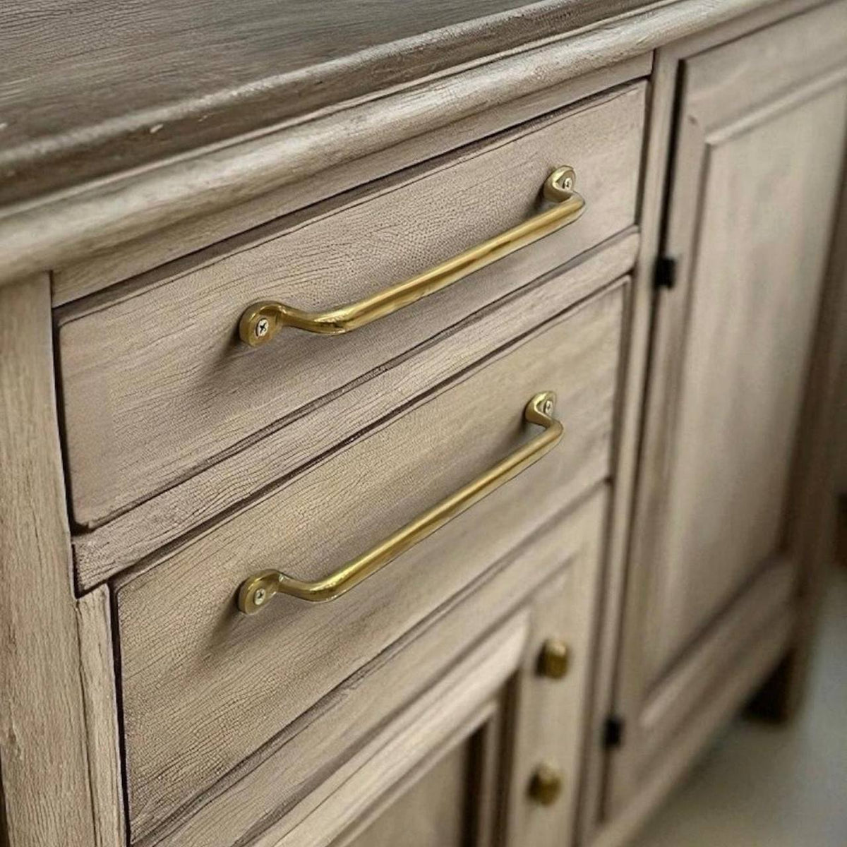 Unlacquered Brass Cabinet Pulls - installed on a cabinet door