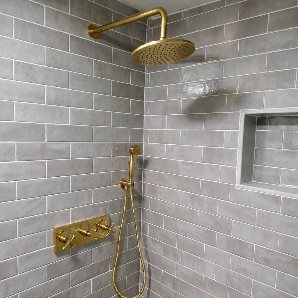 Pasadena Shower System – Rainfall & Hand Shower - installed above a bathroom vanity