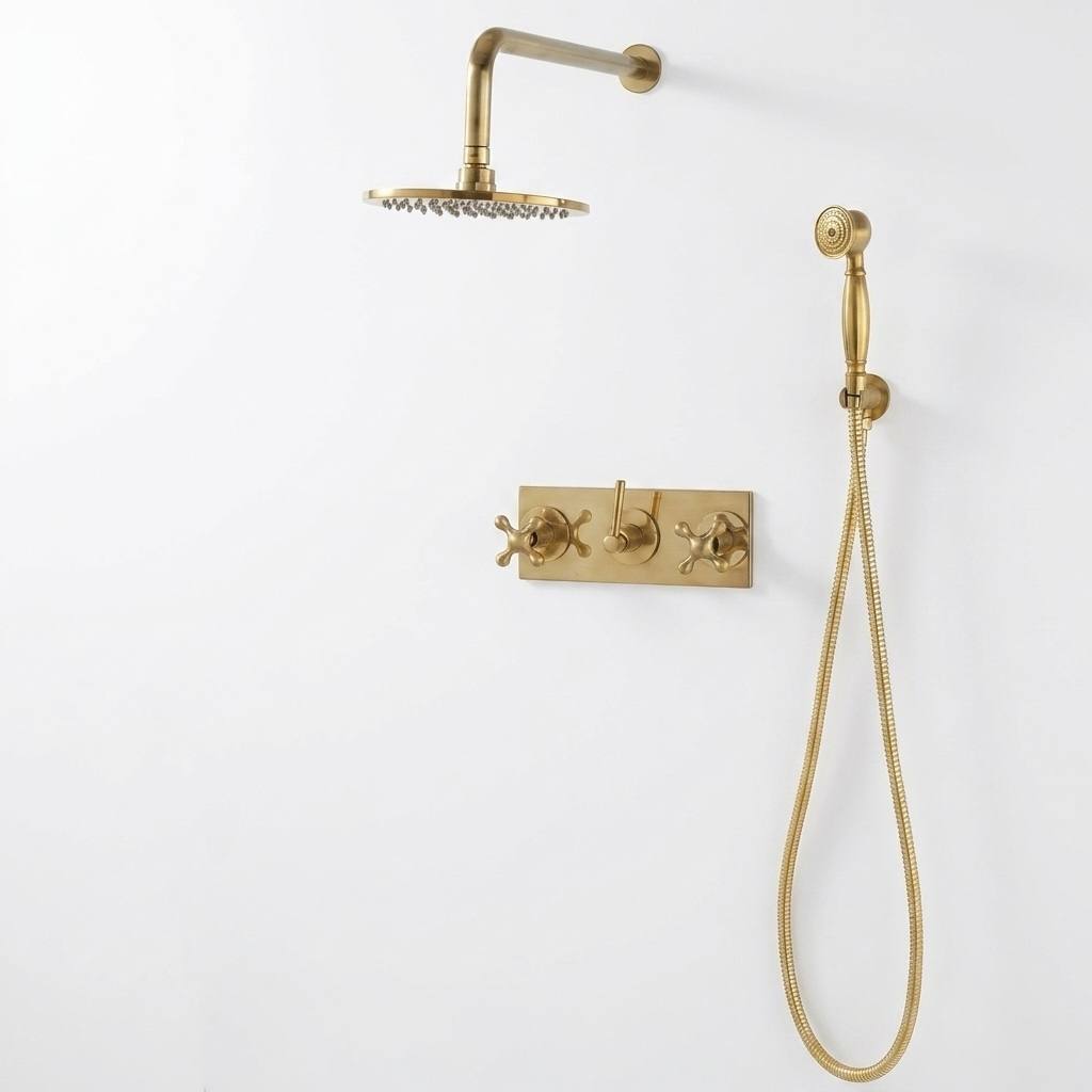 Pasadena Unlacquered Brass Shower System – Rainfall & Hand Shower