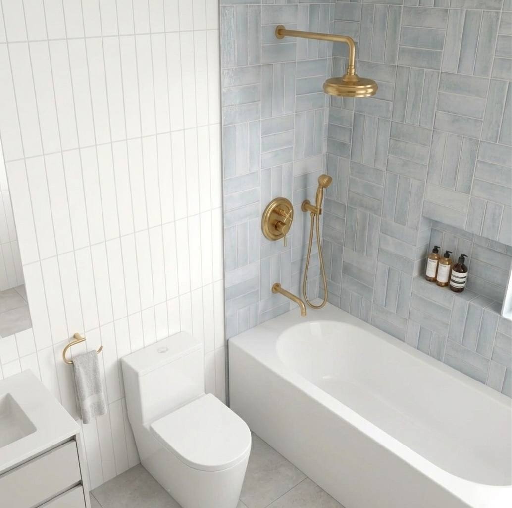Unlacquered Brass Rain Shower Combo – Handheld & Tub Spout – front view