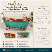 Turquoise Patina Copper Slipper Bathtub with Clawfoot Legs