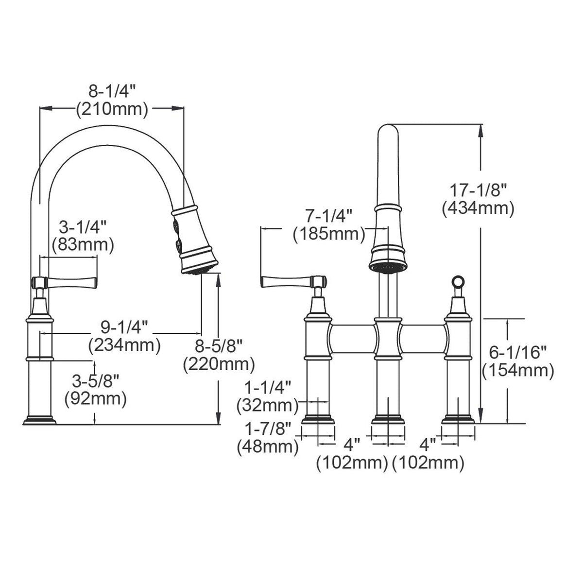Unlacquered Brass Three-Hole Bridge Faucet – Pull-Down Spray, Lever Handles – detail of pull-down spray
