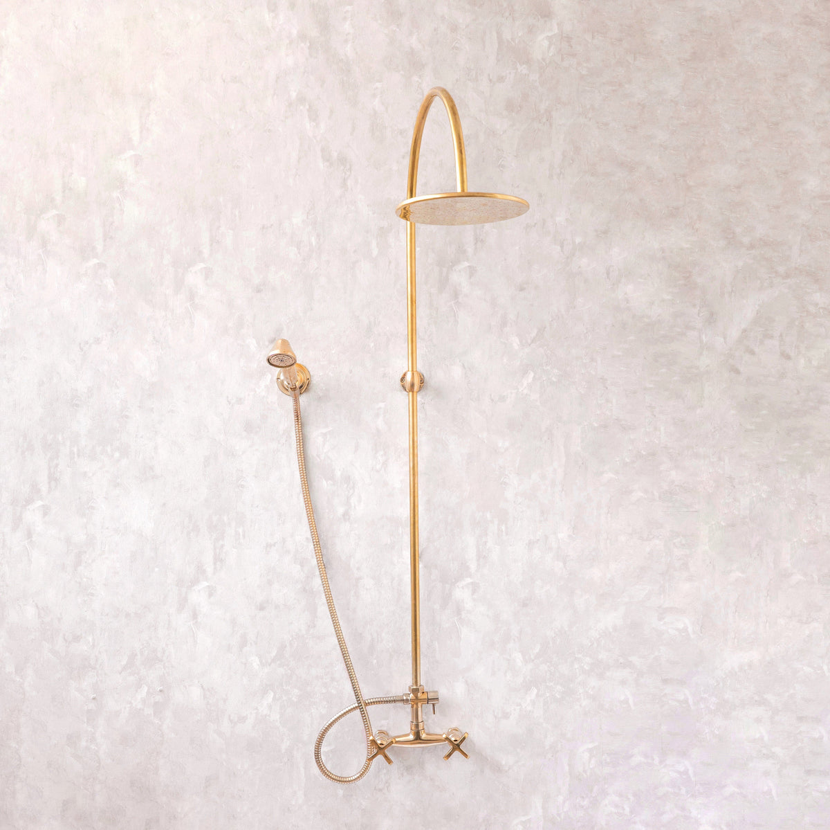 Unlacquered Brass Shower System – Curved Arm & Rain Head