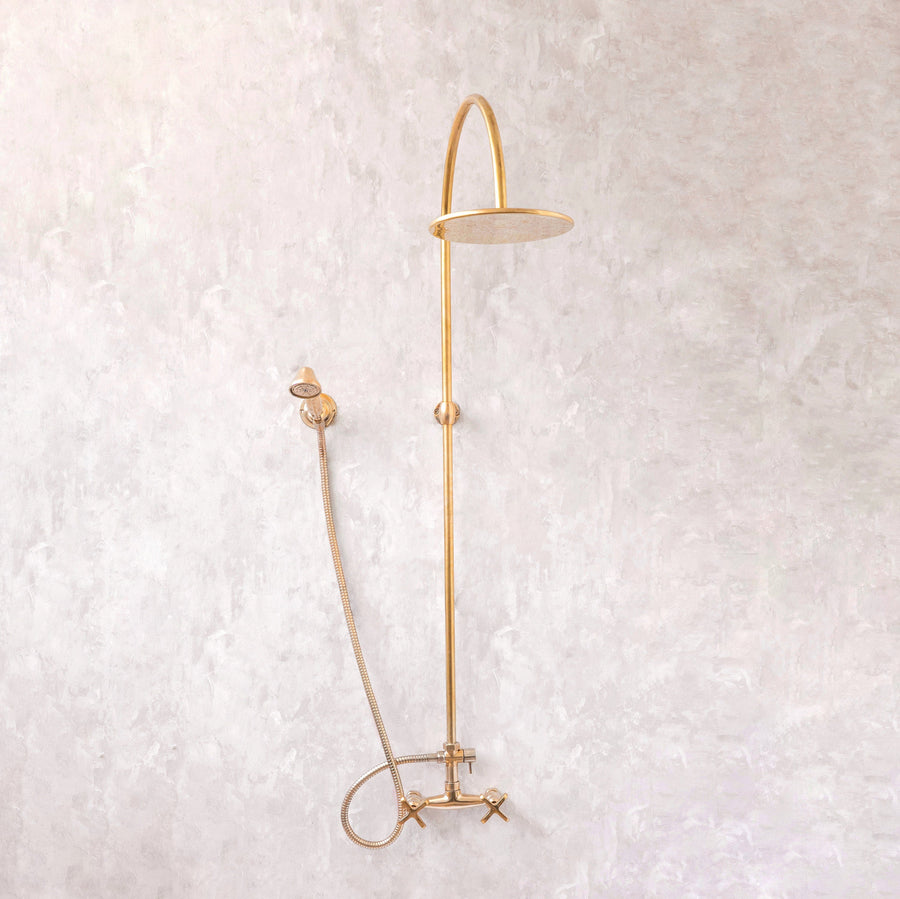Unlacquered Brass Shower System – Curved Arm & Rain Head