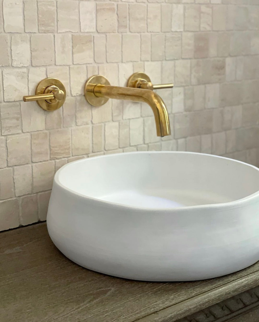 Unlacquered Brass Wall-Mount Bathroom Faucet – Lever Handle