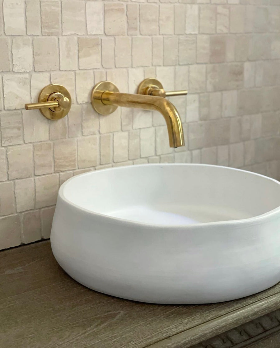 Unlacquered Brass Wall-Mount Bathroom Faucet – Lever Handle