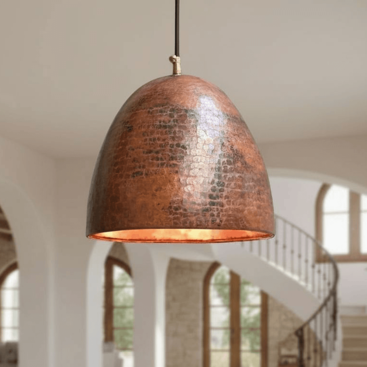 Hammered Copper Pendant - Rustic Dome Light for Farmhouse Kitchens – front view