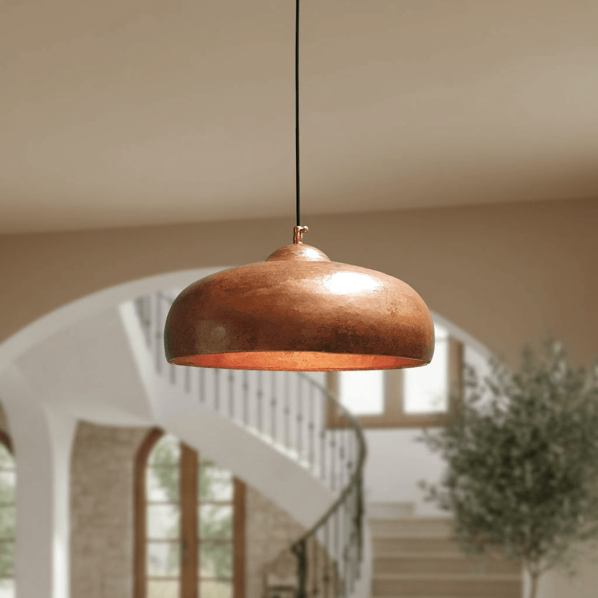 Rustic Copper Pendant Lights - Solid Dome Ceiling Fixtures – detail of hand-hammered patina finish