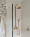 Unlacquered Brass Shower System – Rain Head & Thermostatic Controls