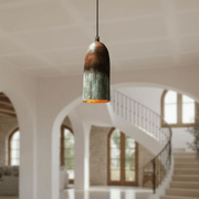 Verdigris Copper Cylinder Pendant – Burnished Top Fixture