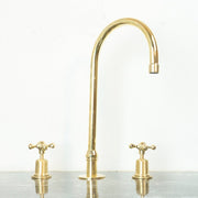 Unlacquered Brass Widespread Kitchen Faucet – Flared Bell Spout