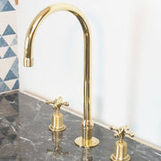Unlacquered Brass Widespread Kitchen Faucet – Flared Bell Spout