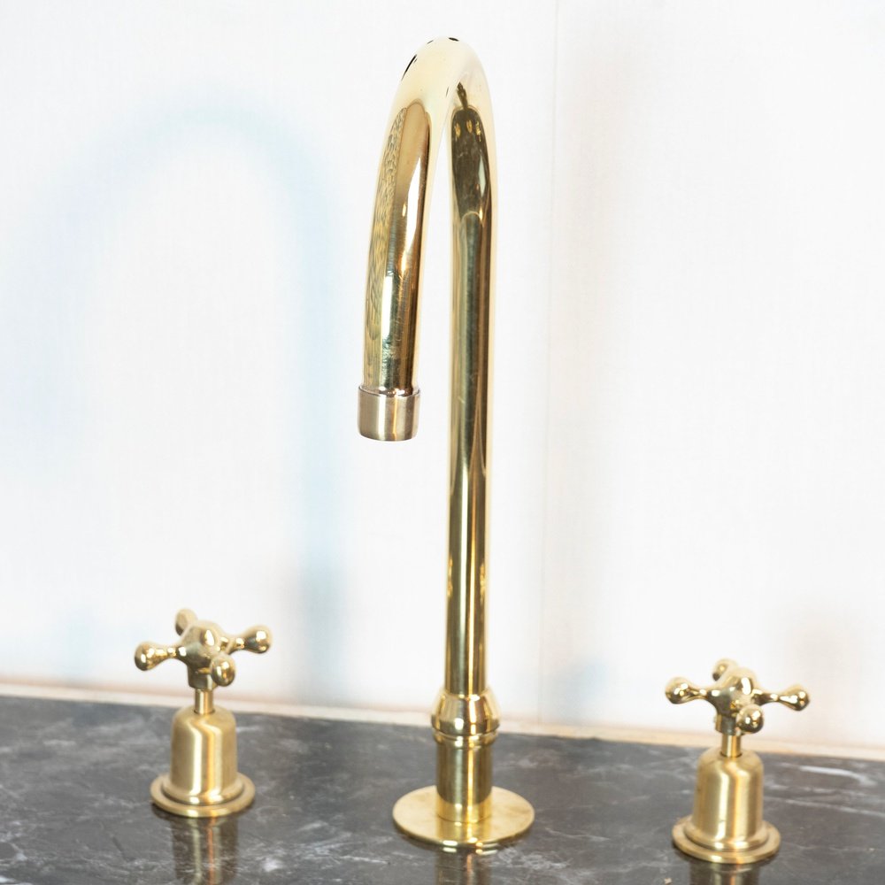 Unlacquered Brass Widespread Kitchen Faucet – Flared Bell Spout