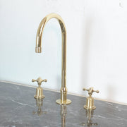 Unlacquered Brass Widespread Kitchen Faucet – Flared Bell Spout