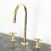 Unlacquered Brass Widespread Kitchen Faucet – Flared Bell Spout