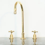 Unlacquered Brass Widespread Kitchen Faucet – Flared Bell Spout