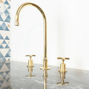 Unlacquered Brass Widespread Kitchen Faucet – Flared Bell Spout