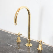 Unlacquered Brass Widespread Kitchen Faucet – Flared Bell Spout