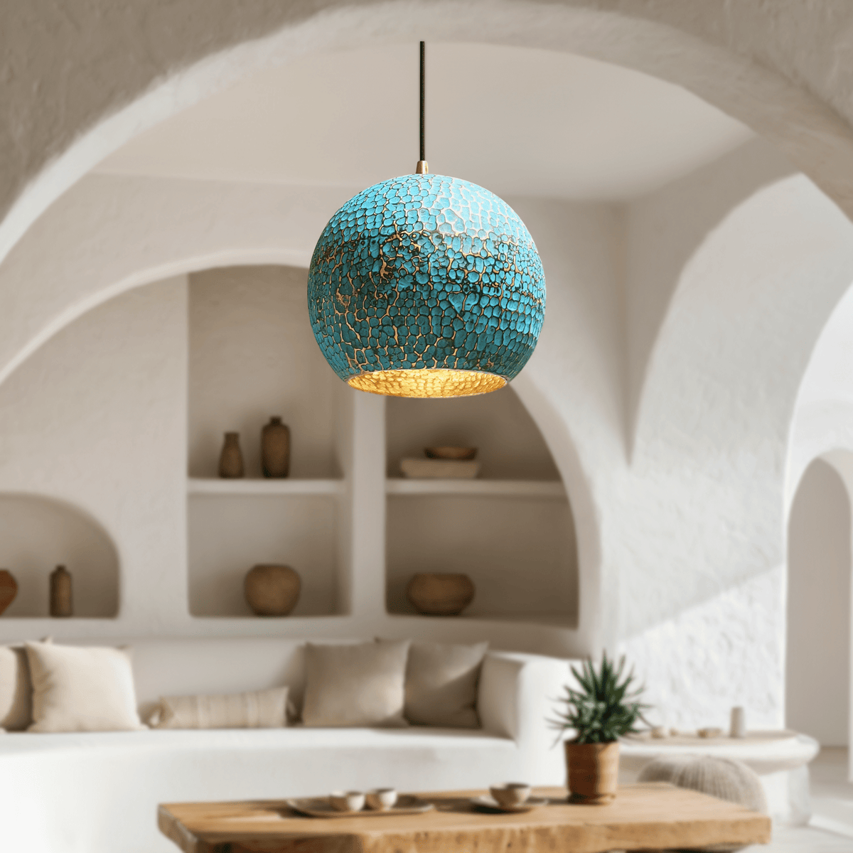 Turquoise Patina Brass Dome Pendant – Rustic Kitchen Fixture