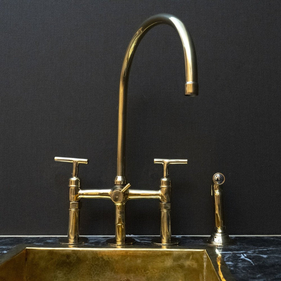 Unlacquered Brass 3-Hole Kitchen Bridge Faucet – Single Lever Stream