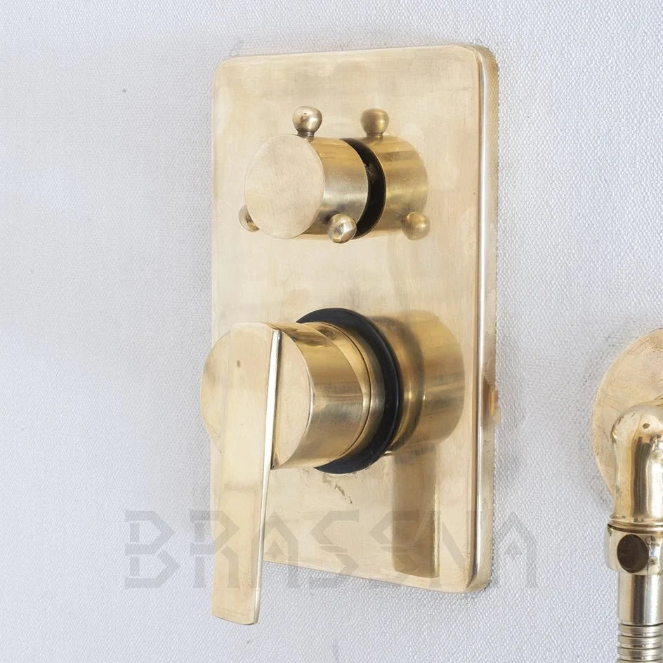 Unlacquered Brass Shower System – Rain Head & Handheld – detail of handle and finish