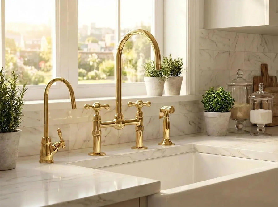 Unlacquered Brass Bridge Kitchen Faucet – 4-Piece Set