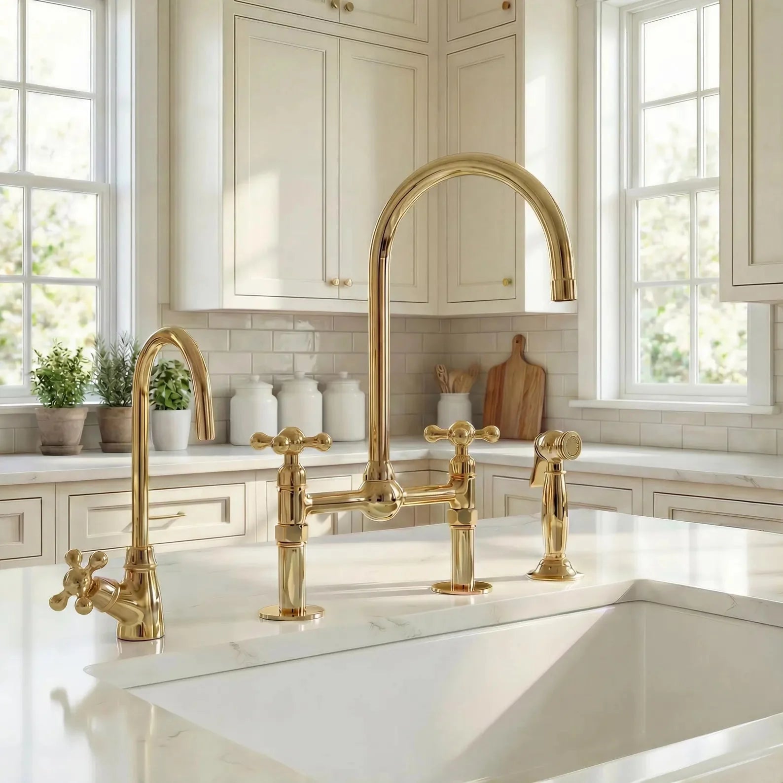 Unlacquered Brass Bridge Kitchen Faucet – Classic 4-Piece Set