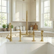 Unlacquered Brass Bridge Kitchen Faucet – 8-Inch with Side Sprayer