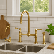 Unlacquered Brass Bridge Kitchen Faucet Set – 4-Piece with Sprayer