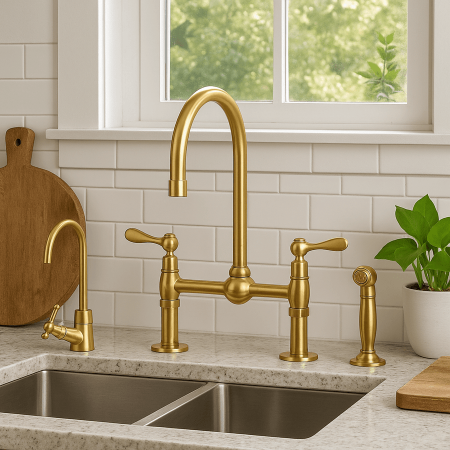 Unlacquered Brass Bridge Kitchen Faucet Set – 4-Piece with Sprayer