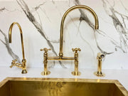 Unlacquered Brass Bridge Kitchen Faucet – Side Sprayer Set