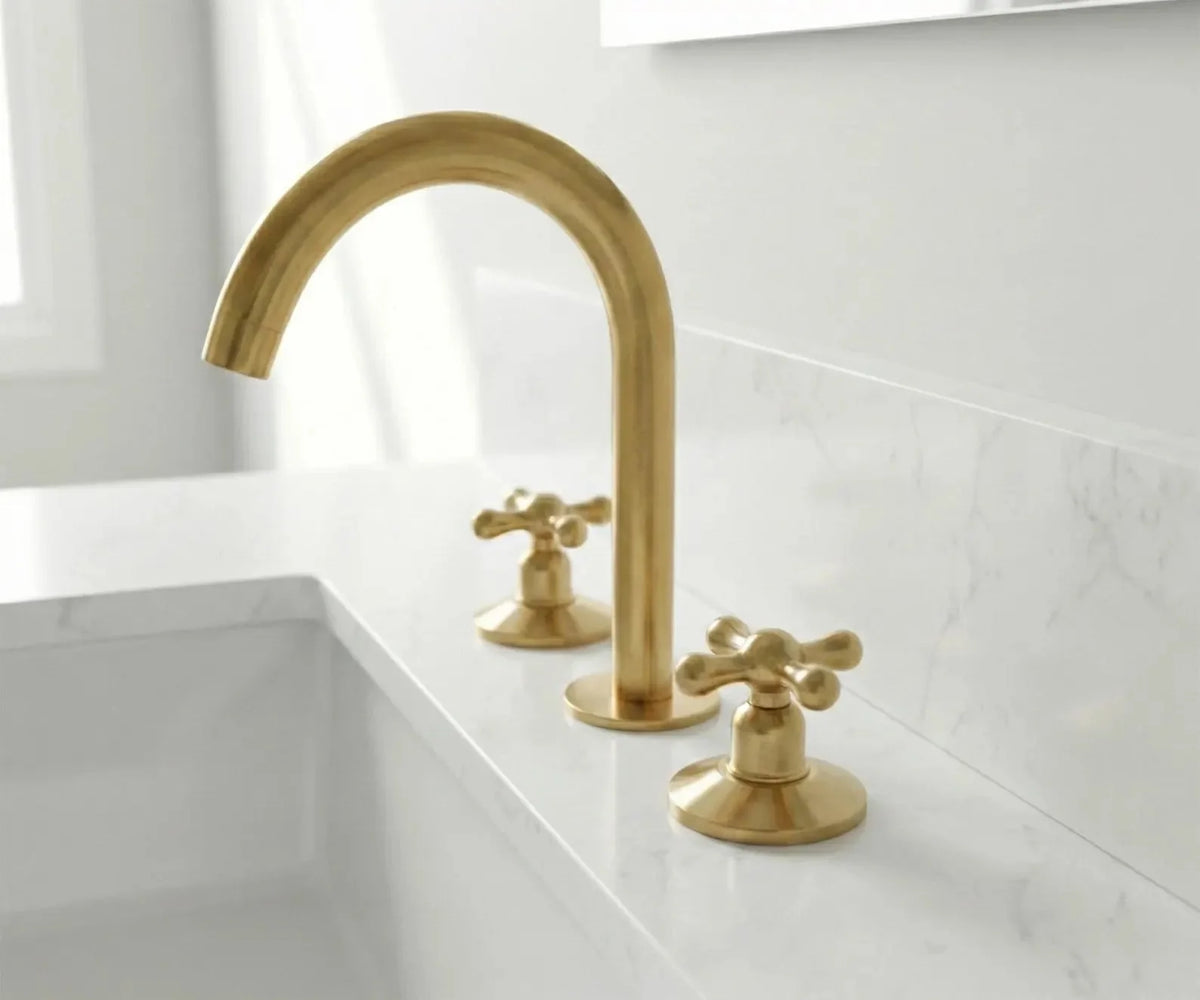 Unlacquered Brass Cross-Handle Bathroom Faucet – 3-Piece Set – front view
