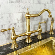 Unlacquered Brass Deck-Mount Kitchen Faucet – 3-Leg Column with Sidespray